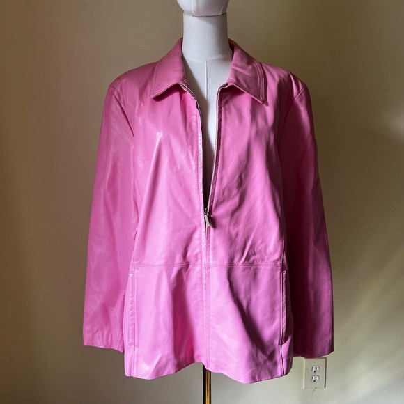 Y2K Worthington Pink Genuine Leather Jacket Zip Front Collared Coat Women's XL - Picture 1 of 8